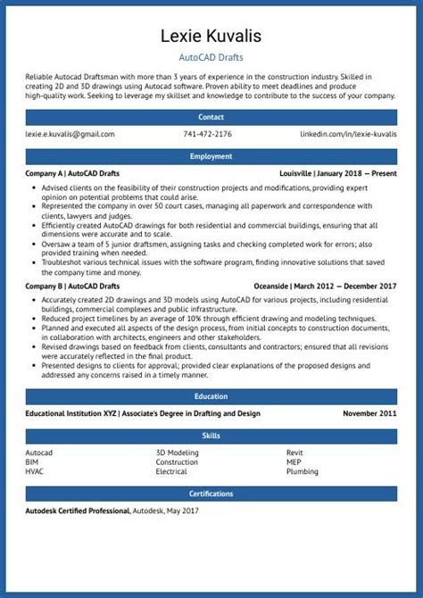 AutoCAD Draftsman Resume (CV) Example and Writing Guide.